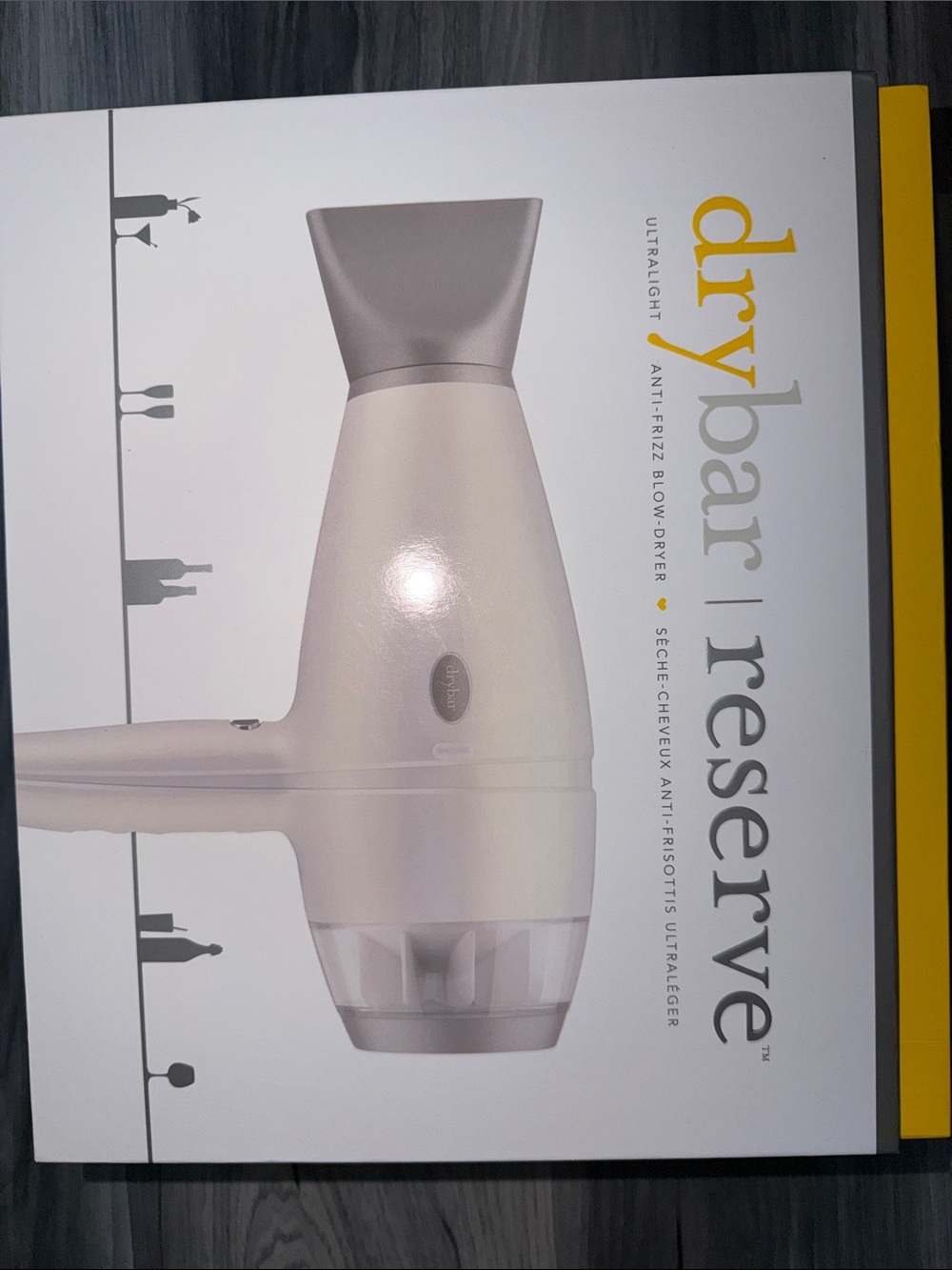 Drybar Reserve White and Gray Hair Dryer Packaging